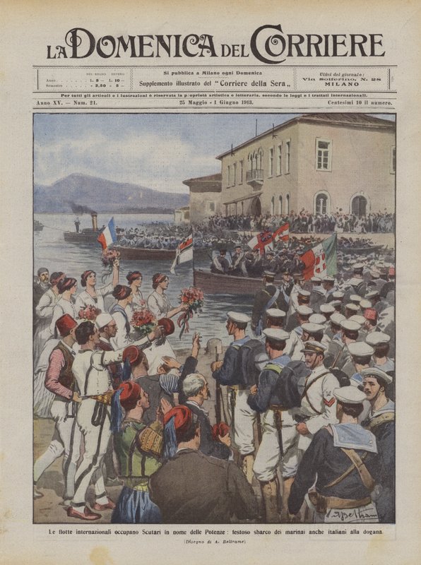 International fleets occupy Scutari in the name of the Powers, festive landing of sailors by Achille Beltrame