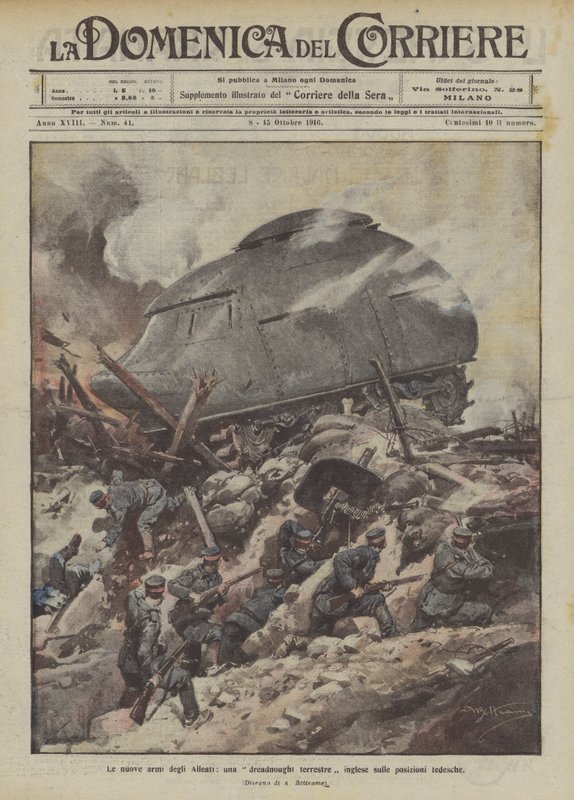 The New Weapons of the Allies, An English Land Dreadnought on German Positions by Achille Beltrame