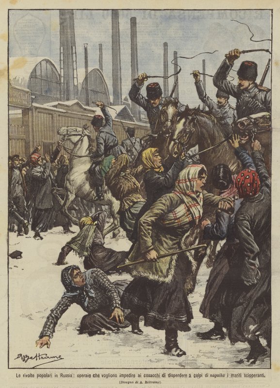 Popular revolts in Russia, workers trying to prevent Cossacks from dispersing them by Achille Beltrame