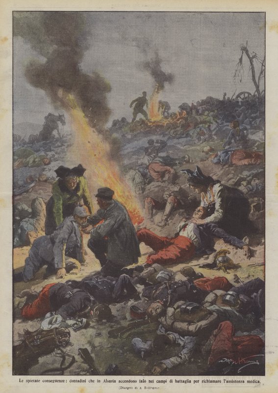 The Ruthless Consequences, Peasants in Alsace Lighting Bonfires on the Battlefields by Achille Beltrame