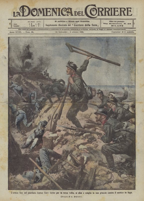 The heroic end of the mutilated Enrico Toti, wounded for the third time, rises and throws his... by Achille Beltrame