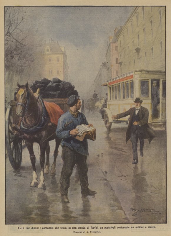 Happy Ending, Coalman Finds a Wallet Containing One and a Half Million on a Street in Paris by Achille Beltrame