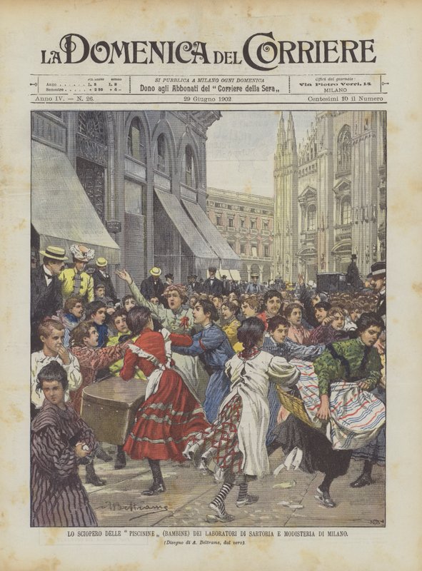 The Strike of the Little Girls (Children) of the Tailoring and Millinery Workshops in Milan by Achille Beltrame