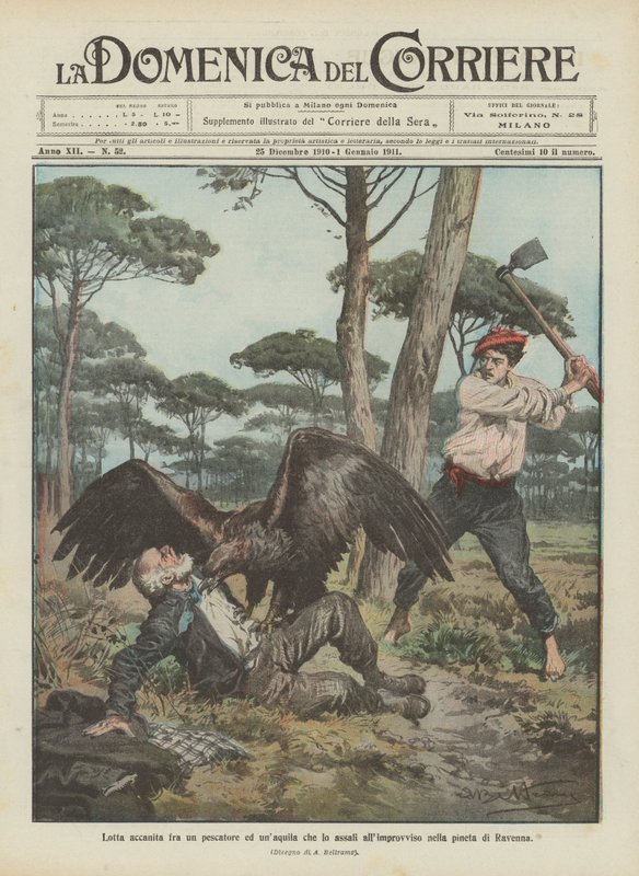 Fierce Struggle Between a Fisherman and an Eagle That Suddenly Attacked Him in the Pine Forest of Ravenna by Achille Beltrame