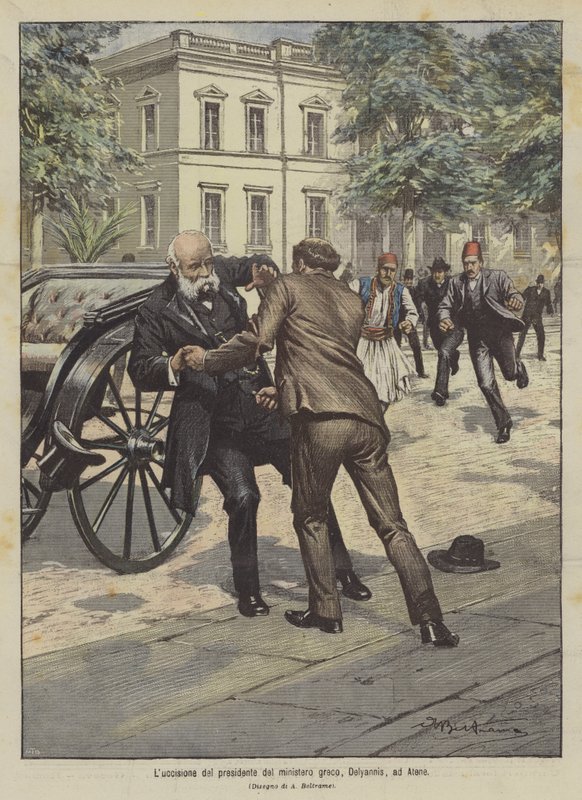The Assassination of the President of the Greek Ministry, Delyannis, in Athens by Achille Beltrame