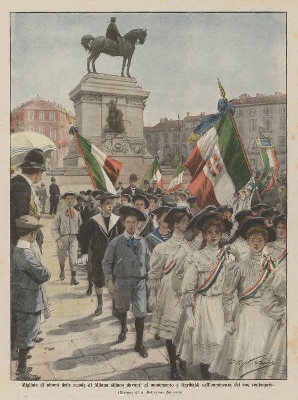 Thousands of Milan School Students Parade in Front of the Garibaldi Monument by Achille Beltrame