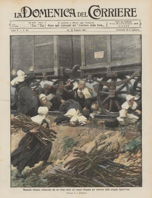 Nuns crushed by a train under which they had taken refuge to escape the sudden rain by Achille Beltrame