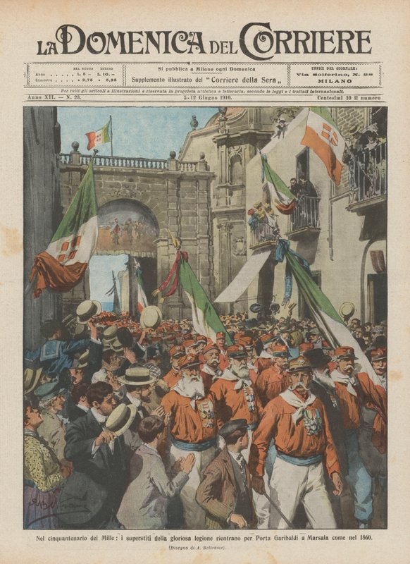 On the fiftieth anniversary of the Mille, the survivors of the glorious legion return through Porta Garibaldi by Achille Beltrame