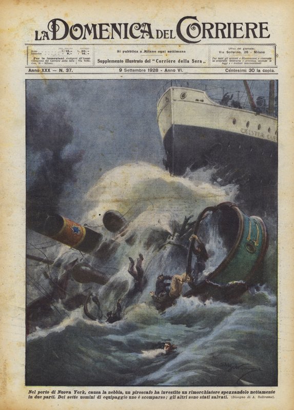 In the Port of New York, due to fog, a steamer collided with a tugboat, breaking it... by Achille Beltrame