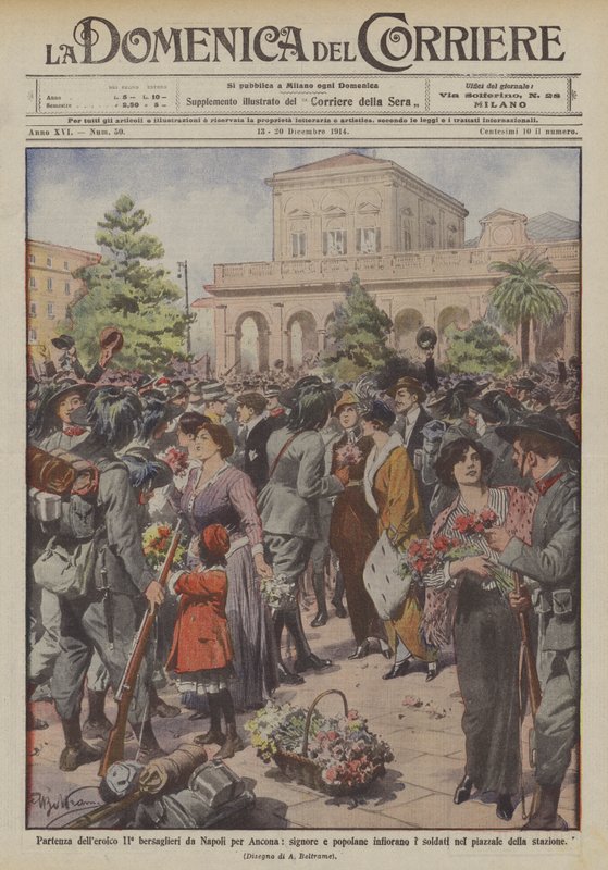 Departure of the Heroic 2nd Bersaglieri from Naples to Ancona, Ladies and Commoners Adorn the Soldiers by Achille Beltrame
