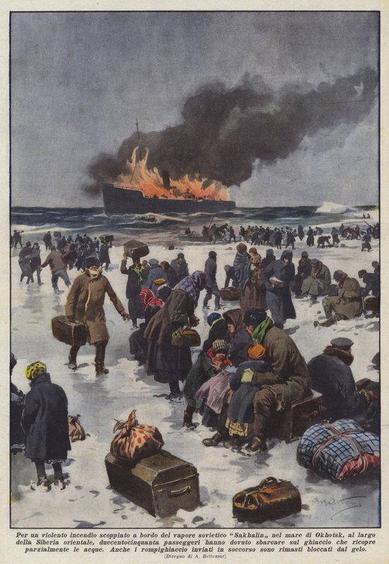 Due to a Violent Fire on Board the Soviet Steamer Sakhalin in the Sea of Okhotsk... by Achille Beltrame