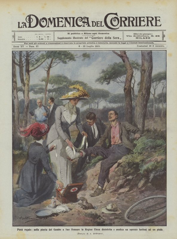 Royal compassion, Queen Elena disinfects and treats a worker in the Gombo pine forest at San Rossore by Achille Beltrame