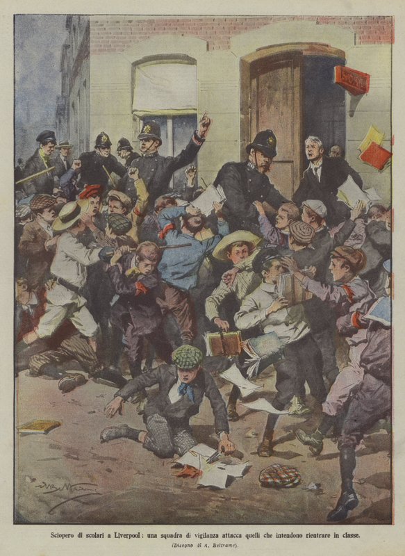 School Strike in Liverpool, a Vigilance Squad Attacks Those Intending to Return to Class by Achille Beltrame