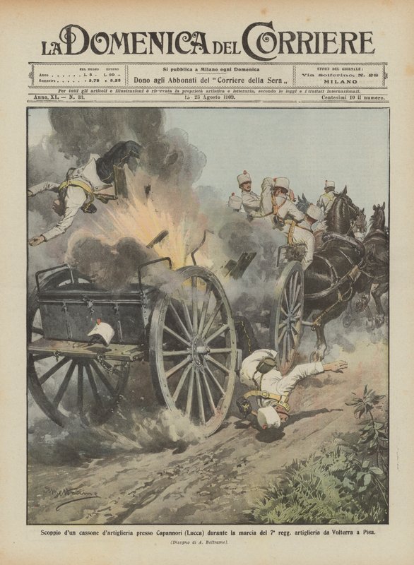 Explosion of an artillery box near Capannori (Lucca) during the march of the 7th regiment by Achille Beltrame