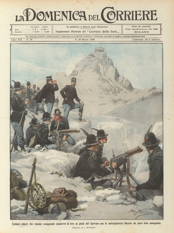 Alpine soldiers conducting shooting maneuvers at the foot of the Matterhorn with machine guns by Achille Beltrame