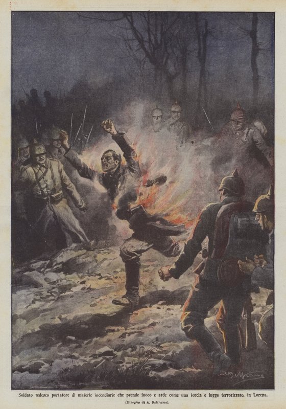 German soldier carrying incendiary materials catches fire and burns like a torch and flees by Achille Beltrame