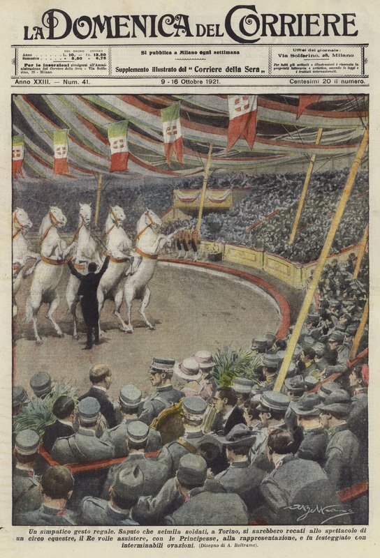 Soldiers watching performing horses at a circus in Turin by Achille Beltrame