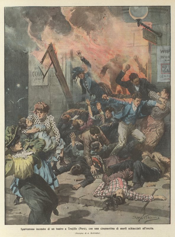 Terrifying fire in a theater in Trujillo (Peru), with about fifty people crushed to death at the exit by Achille Beltrame