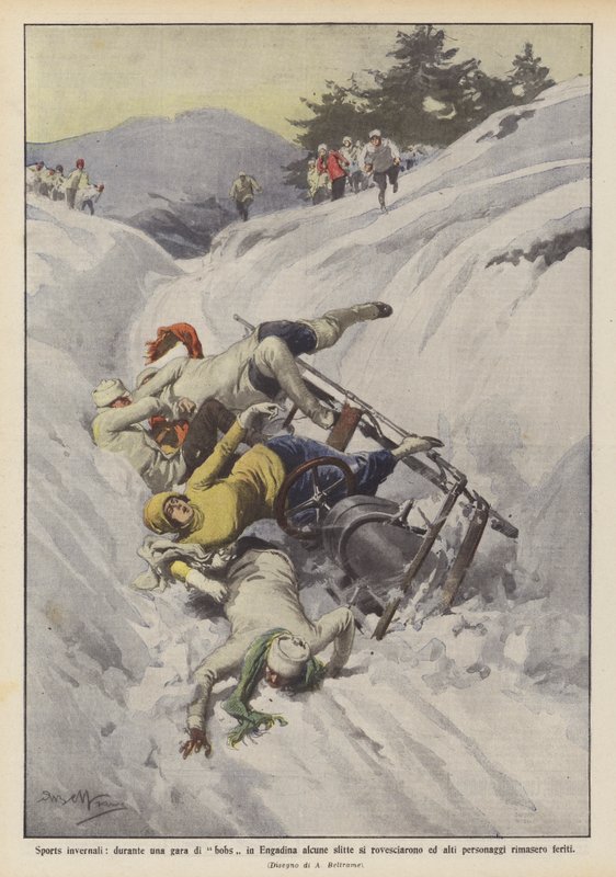Winter Sports, During a Bobsleigh Race in Engadine Some Sleds Overturned by Achille Beltrame