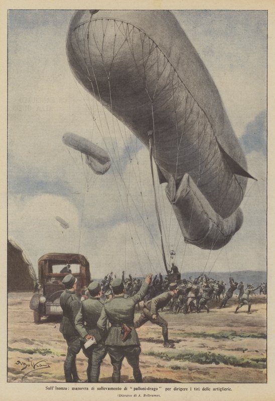 On the Isonzo, maneuvering dragon balloons to direct artillery fire by Achille Beltrame