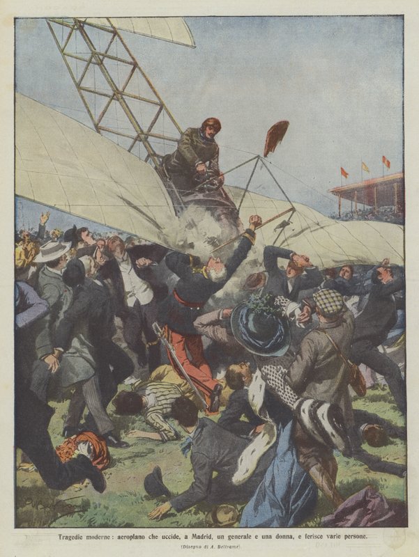 Modern Tragedies: Airplane Kills a General and a Woman in Madrid, Injuring Several People by Achille Beltrame
