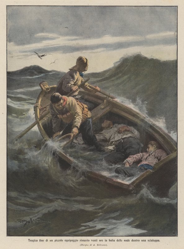 Tragic end of a small crew left at the mercy of the waves for twenty hours in a lifeboat by Achille Beltrame