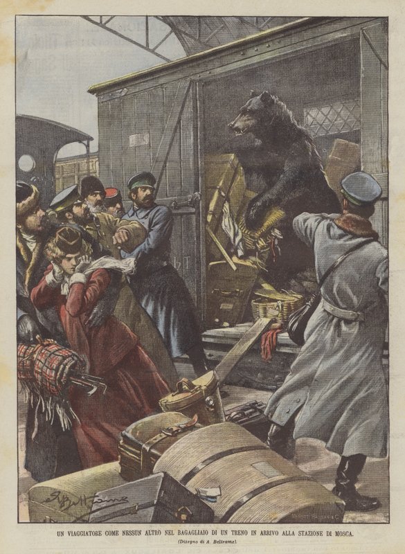 A Traveler Like No Other in the Luggage Compartment of a Train Arriving at Moscow Station by Achille Beltrame