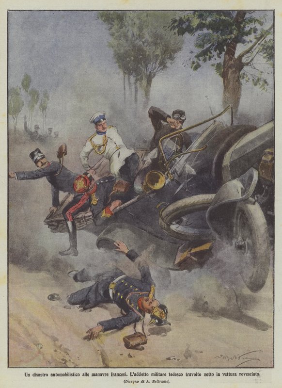 An Automobile Disaster at the French Maneuvers, the German Military Attaché Overturned Under the Car by Achille Beltrame