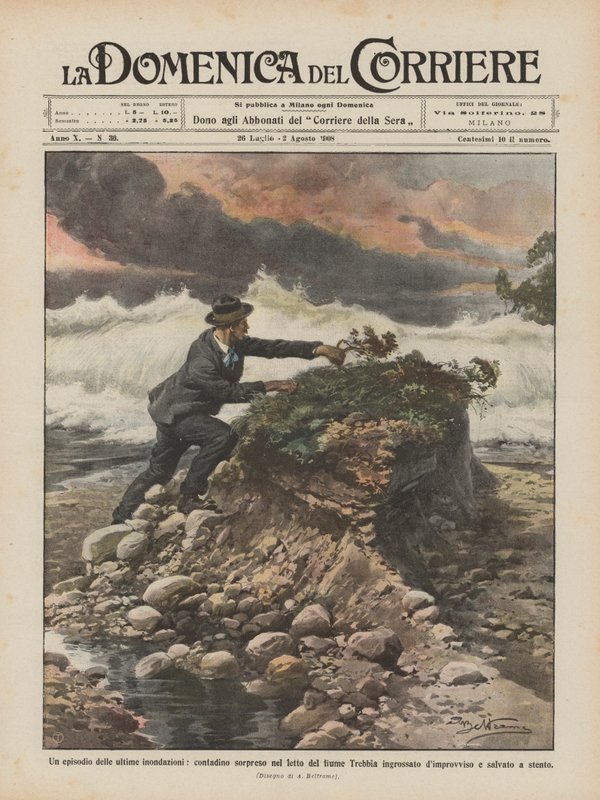 An episode of the recent floods, a farmer surprised in the bed of the swollen Trebbia river by Achille Beltrame