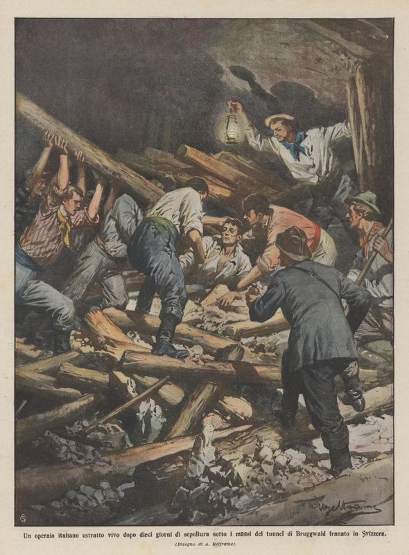 An Italian worker extracted alive after ten days of burial under the rocks of the tunnel by Achille Beltrame