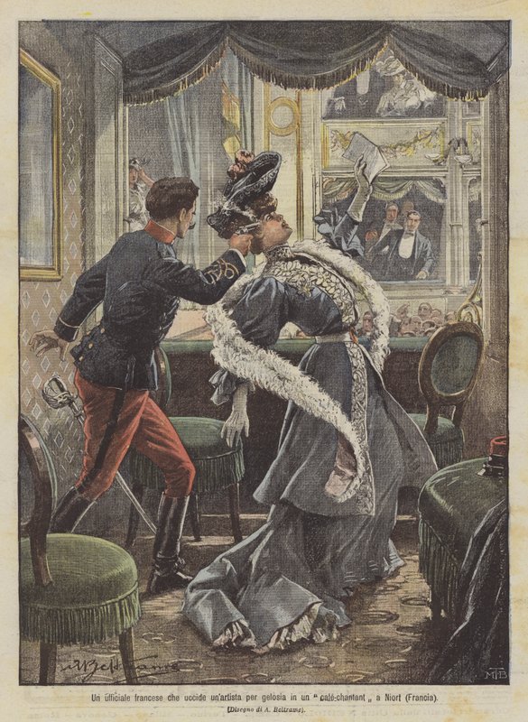 A French Officer Kills an Artist Out of Jealousy in a Cafe-Chantant in Niort (France) by Achille Beltrame