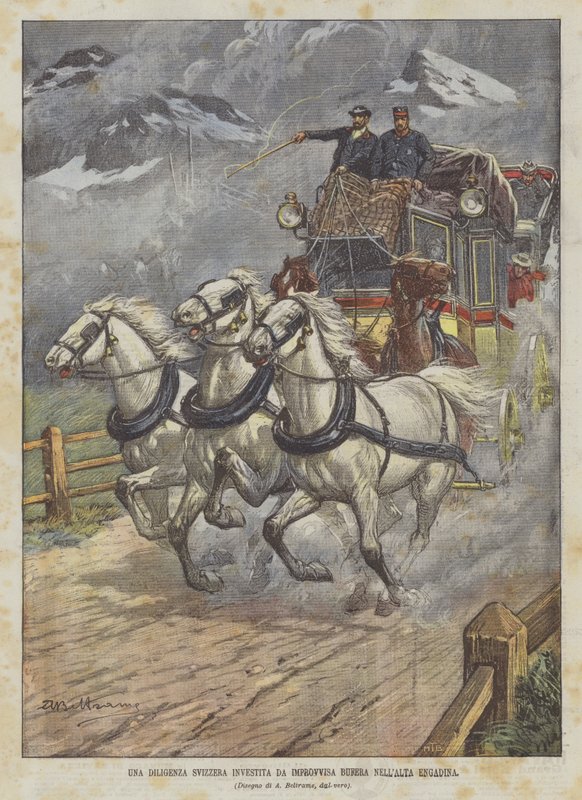 A Swiss Stagecoach Hit by a Sudden Storm in Upper Engadine by Achille Beltrame