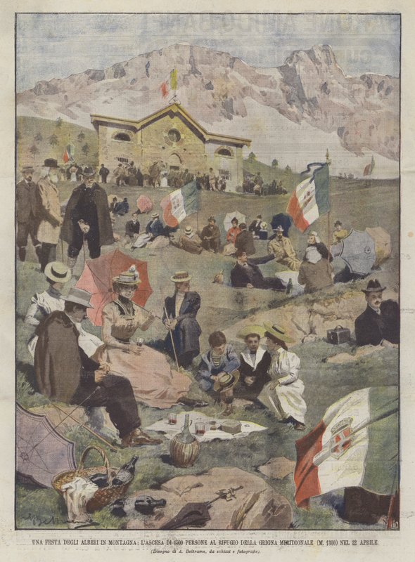A Tree Festival in the Mountains, The Ascent of 1500 People to the Grigna Meridionale Refuge by Achille Beltrame
