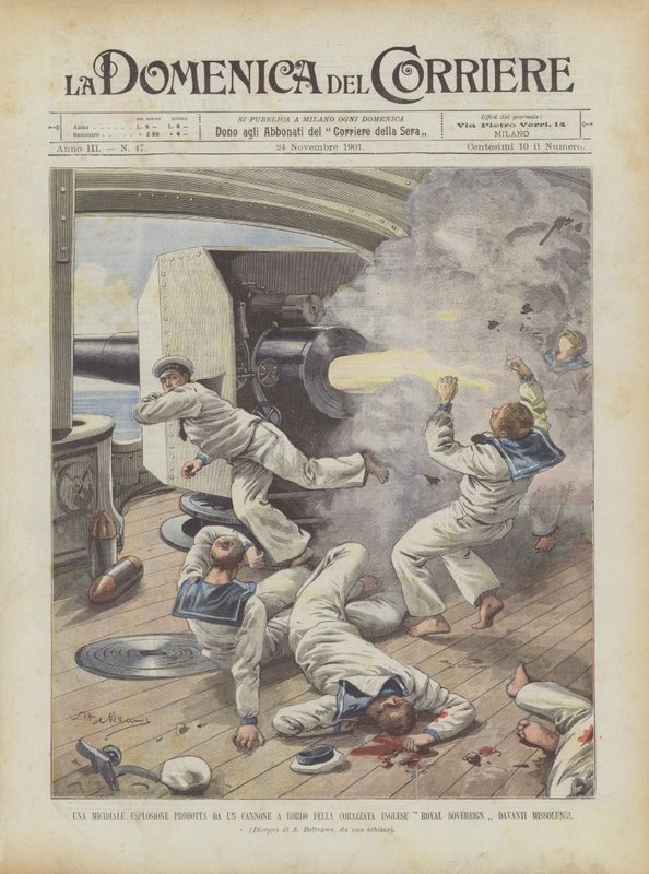 A Deadly Explosion Caused by a Cannon on Board the British Battleship Royal Sovereign in Front of Missolonghi by Achille Beltrame