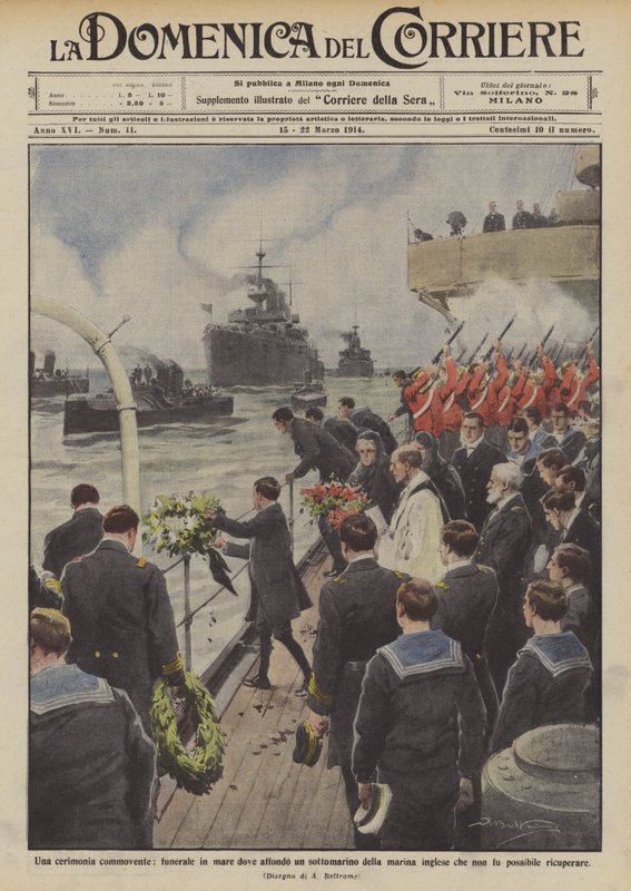 A Moving Ceremony, Funeral at Sea Where an English Navy Submarine Sank by Achille Beltrame