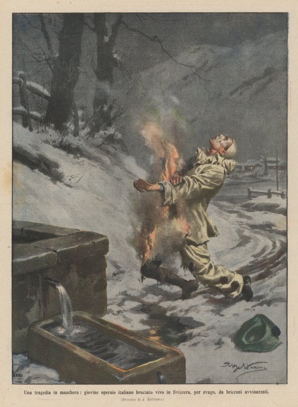 A masked tragedy, young Italian worker burned alive in Switzerland for fun by drunken rascals by Achille Beltrame