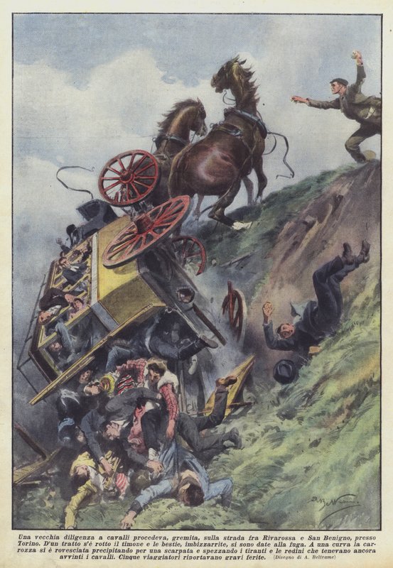 An Old Horse-Drawn Stagecoach Was Crowded on the Road Between Rivarossa and San Benigno, Near Turin by Achille Beltrame