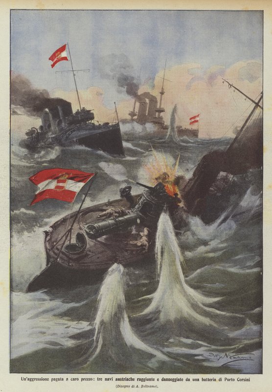 An aggression paid at a high price, three Austrian ships reached and damaged by a battery from Porto Corsini by Achille Beltrame