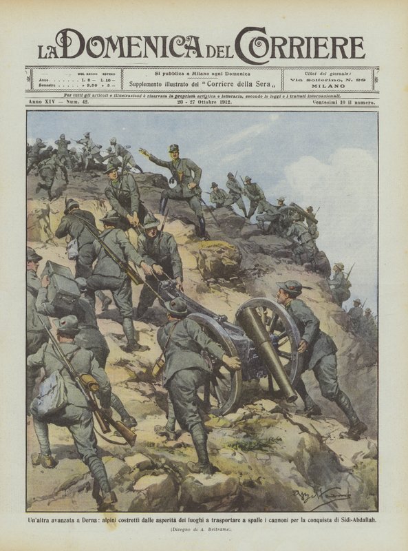 Another advance in Derna, alpine troops forced by the rough terrain to carry on their shoulders by Achille Beltrame
