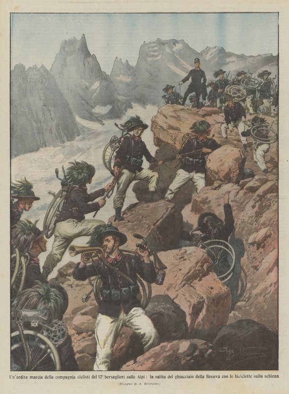 A daring march of the 12th Bersaglieri cyclist company on the Alps, the ascent of the glacier by Achille Beltrame