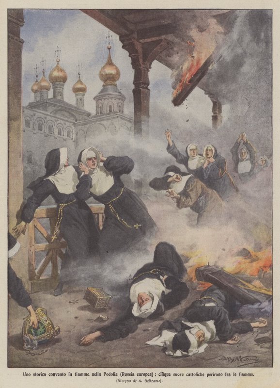 A Historic Convent in Flames in Podolia (European Russia), Five Catholic Nuns Perished in the Flames by Achille Beltrame