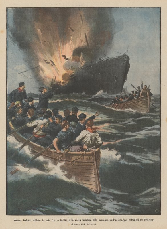 German steamer exploded between Sicily and the Tunisian coast in the presence of the crew by Achille Beltrame
