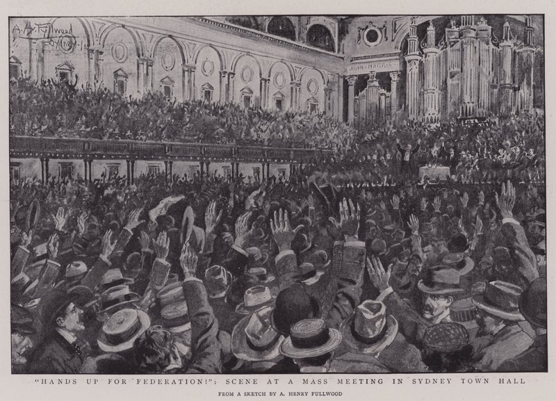 Hands Up for Federation!, Scene at a Mass Meeting in Sydney Town Hall by Albert Henry Fullwood