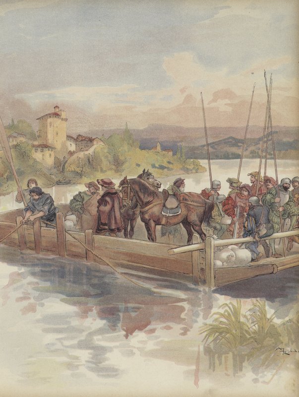 Bourbon Fleeing, Nearly Recognized by Soldiers at a Ferry Crossing by Albert Robida