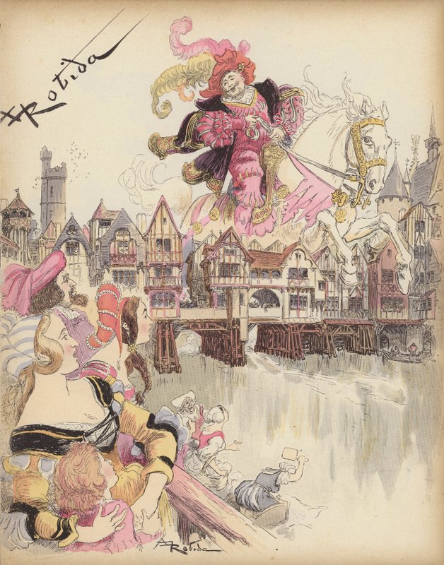 Horseman jumping over a bridge by Albert Robida