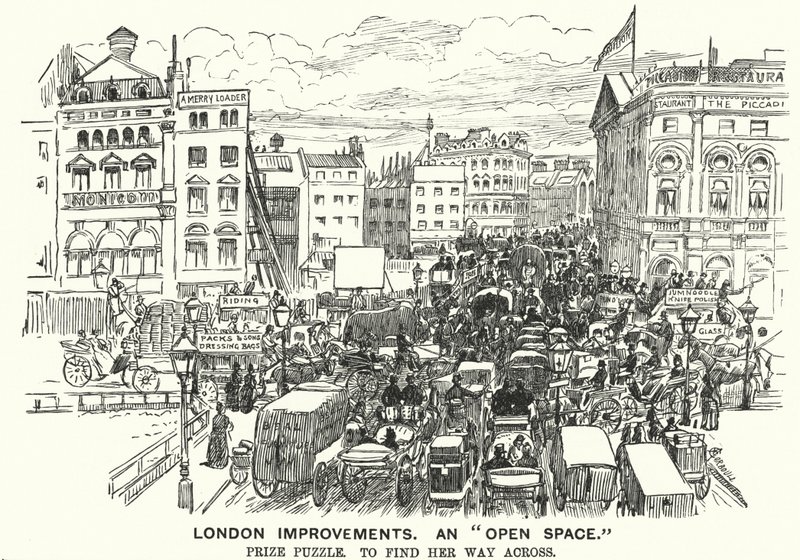 Punch cartoon: London Improvements. An "Open Space"- traffic congestion in Victorian London (engraving) by Alfred Chantrey Corbould