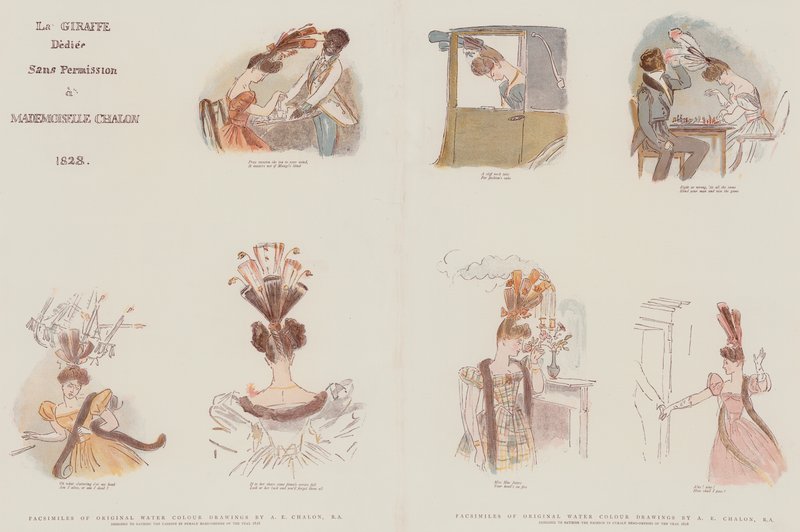 Facsimiles of Original Water Colour Drawings, Designed to Satirise the Fashion in Female Head-Dresses of the Year 1828 by Alfred Edward Chalon