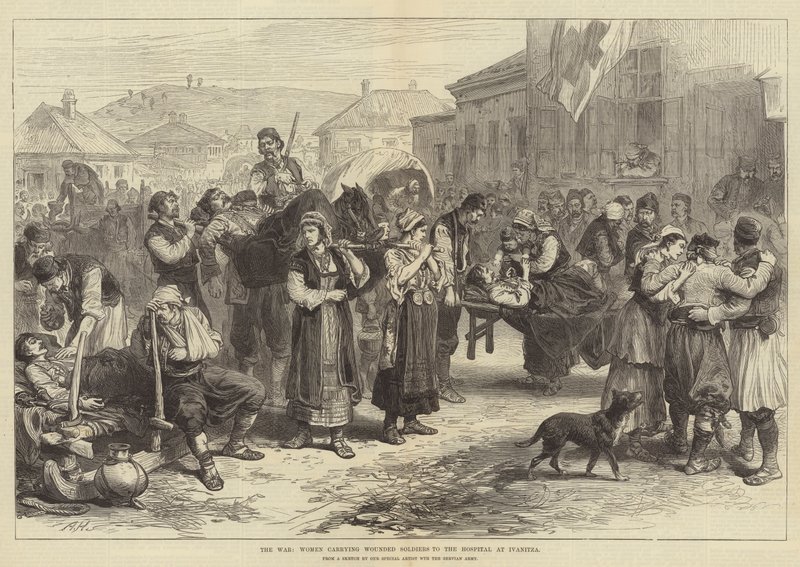 The War, Women carrying Wounded Soldiers to the Hospital at Ivanitza by Alfred William Hunt