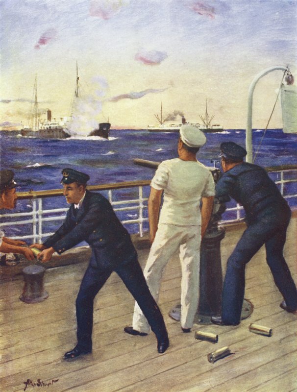 Midshipman Reginald Himbury assisting the gunners of the Clan McTavish in the fight with the German raider Moewe by Allan (after) Stewart