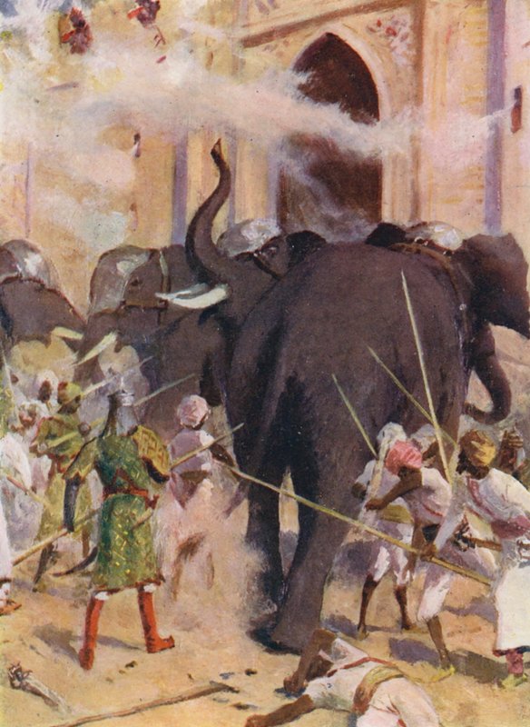 War Elephants Charge the Gates of the Fort at Arcot by Allan Stewart